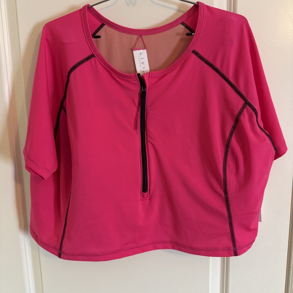 Women's NWT Livi Active Short Sleeve Swim Bikini Top Hot Pink Sz 24 Padded
